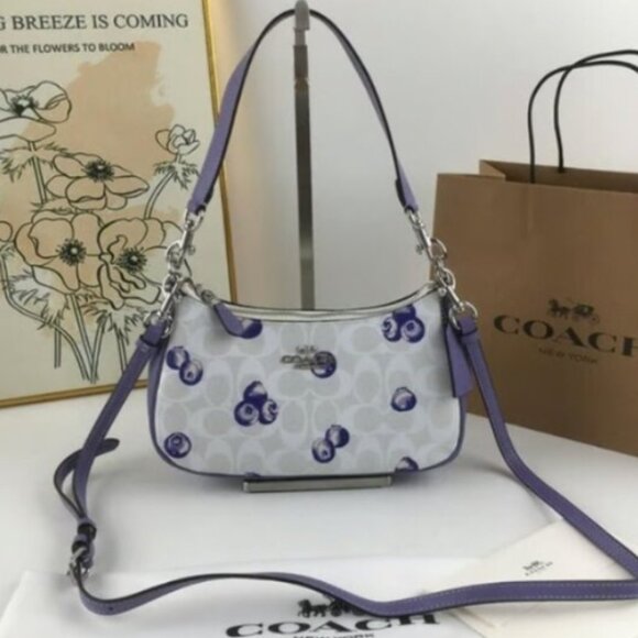 🍵Coach Blueberry Print Rowna Satchel Canvas Handbag - Picture 1 of 6